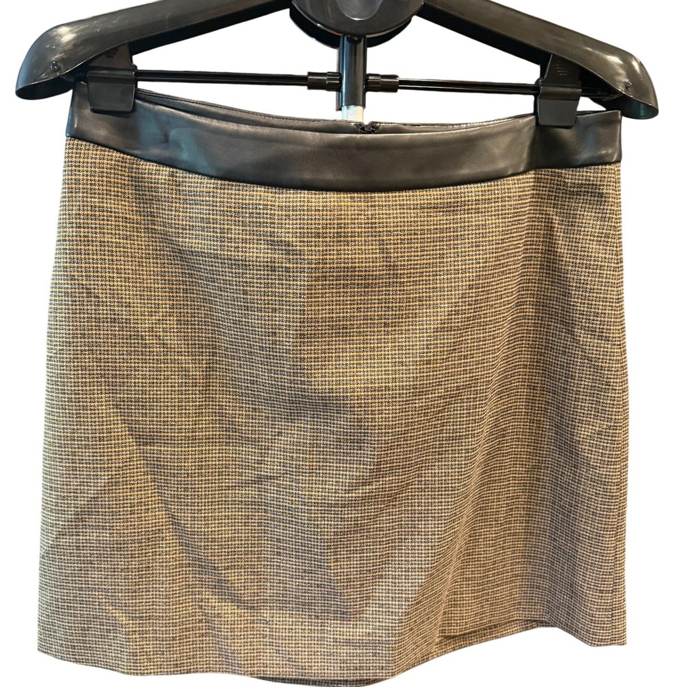 DKNY Womens Houndstooth Mini Skirt Faux Leather Trim Tan Black Size 8 NEW